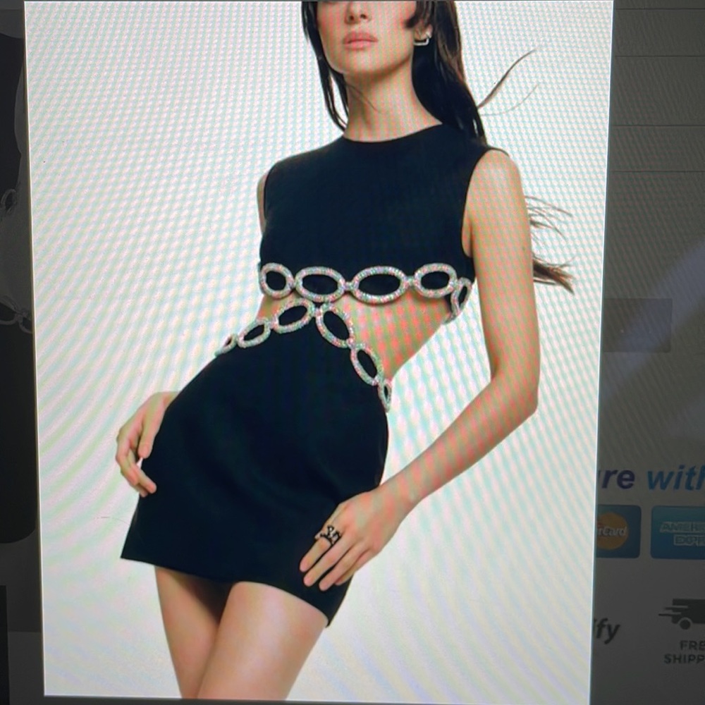 Golden Atelier diamond rhinestone backless cut-out black mini dress
